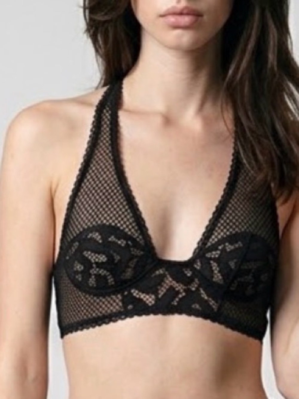 Free People Black Sheer Lace Halter Bralette - Size Medium
